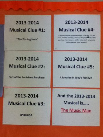 Clues were placed outside of Laura Christenson’s and Gillian Pacetti’s rooms as a game to figure out the 2013-2014 musical.  The musical is The Music Man.