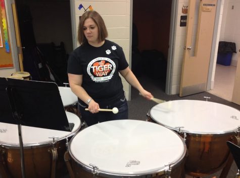 Band teacher Paula Hardie plays the timpani in the band room. She will be playing with the La Crosse concert band over the summer.
