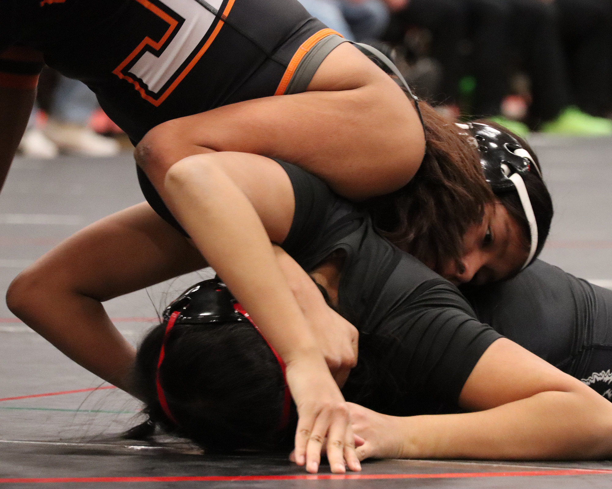 Junior Aralyn White Eagle finishing a half nelson for the pin, and win over Arcadia. 
